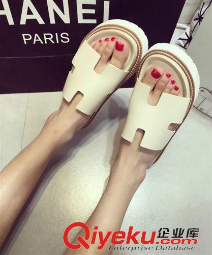 5月{dy}波新品 2015夏新款歐美潮厚底中跟松糕一字拖H型涼拖韓版休閑女拖鞋批發(fā)原始圖片2