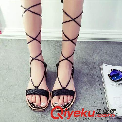 5月{dy}波新品 2015夏季新款歐美潮高筒交叉綁帶露趾平底羅馬涼鞋韓版女涼鞋批發