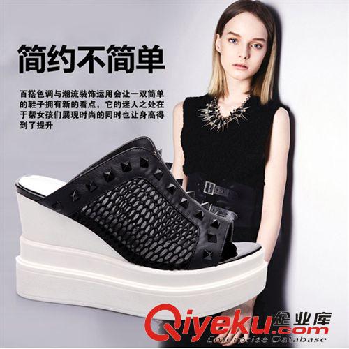 涼拖 歐洲站時尚厚底松糕底坡跟柳釘網紗涼鞋魚嘴純色超高跟女式鞋子原始圖片3