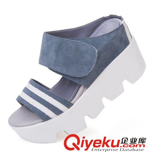 涼鞋 一件代發(fā)夏季新款韓版淺口魚(yú)嘴松糕女鞋 厚底高跟增高反絨皮涼鞋