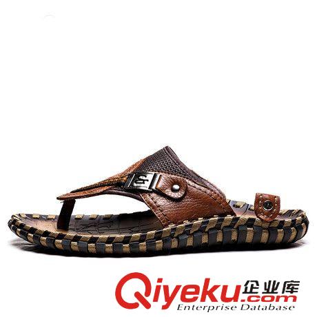 皮鞋 頭層小牛皮手工涼拖鞋潮流個(gè)性沙灘鞋 男士夏季zp人字拖鞋批發(fā)原始圖片2