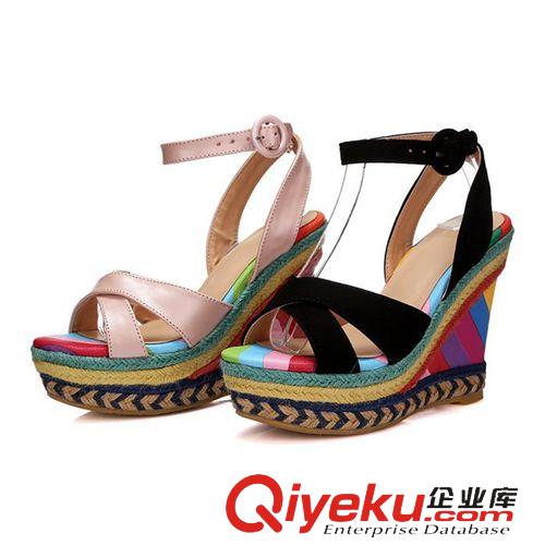 5月{dy}批 女鞋批發(fā)代發(fā) 2015熱賣夏季真皮涼鞋拼色麻編坡跟涼鞋拼色彩虹鞋原始圖片3