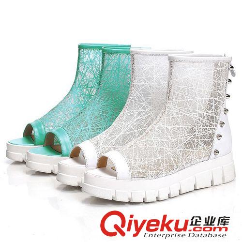 4月10號(hào)zp款 女鞋批發(fā)代發(fā) 歐洲站2015夏季牛皮zp涼鞋網(wǎng)靴厚底魚嘴涼靴短靴原始圖片3