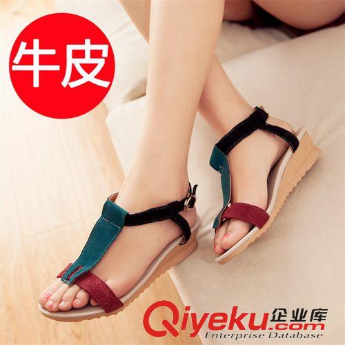 3月28號(hào)新款 女鞋批發(fā) 2015夏季牛皮zp涼鞋 蝴蝶結(jié)夾趾細(xì)帶平底休閑羅馬涼鞋