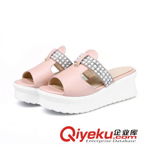 拖鞋款式 實拍2015夏季休閑女鞋子 滿鑲珍珠舒適軟底松糕厚底鞋坡跟涼拖鞋原始圖片3