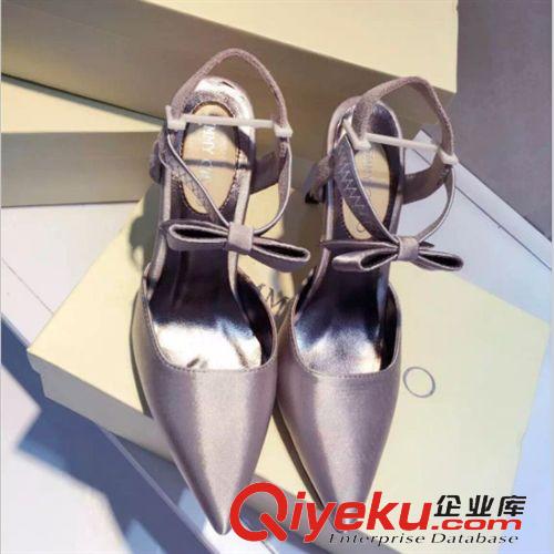 4月第二期 歐美女鞋 綢緞面蝴蝶結高跟女鞋 純色尖頭女鞋甜美宴會舞鞋涼鞋