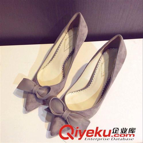 1月第二期 2015早春新款甜美蝴蝶結(jié)單鞋羊皮尖頭中跟淺口女鞋韓版zp單鞋
