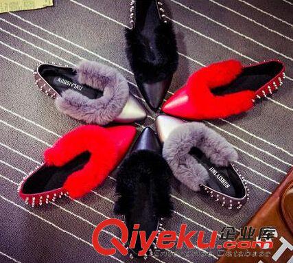 14年11月新款 歐美站秋冬獺兔毛平底尖頭棉瓢鞋內(nèi)加絨淺口女鞋鉚釘毛毛船鞋批發(fā)