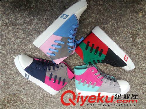 帆布鞋 2015新款帆布鞋拼色高幫休閑布鞋 簡約側(cè)面?zhèn)€性鞋帶女單鞋 批發(fā)原始圖片2