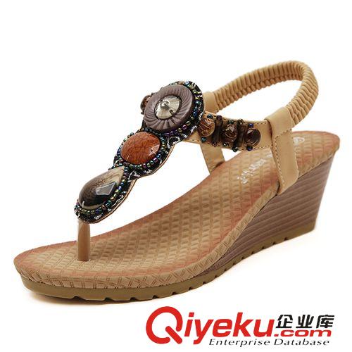 5月3號(hào)新款 2015廠(chǎng)家生產(chǎn)夏季新款復(fù)古波西米亞羅串珠坡跟夾趾女涼鞋高跟鞋原始圖片3