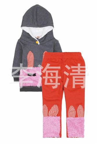 冬裝 清倉(cāng) 2013冬款韓版童裝 批發(fā)女童兔子加厚加絨衛(wèi)衣連帽全棉長(zhǎng)褲套裝