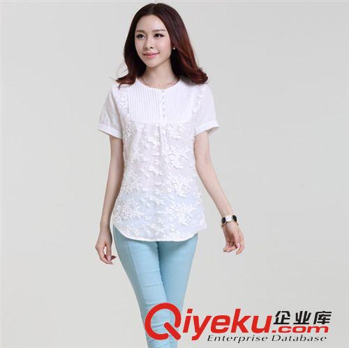 上裝系列--女 一件代發(fā)2015夏裝新款繡花拼接大碼寬松短袖t恤女棉麻上衣蕾絲T恤