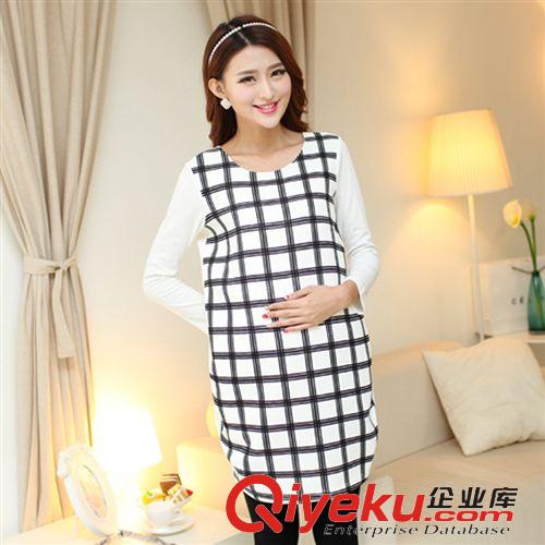 孕婦裝 2015春秋韓版孕婦裝新款時尚格紋孕婦裙大碼長袖孕婦連衣裙代發原始圖片3