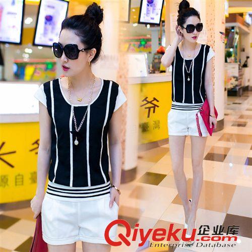 5月新品 2015夏裝新款休閑套裝無袖條紋女兩件套修身雪紡