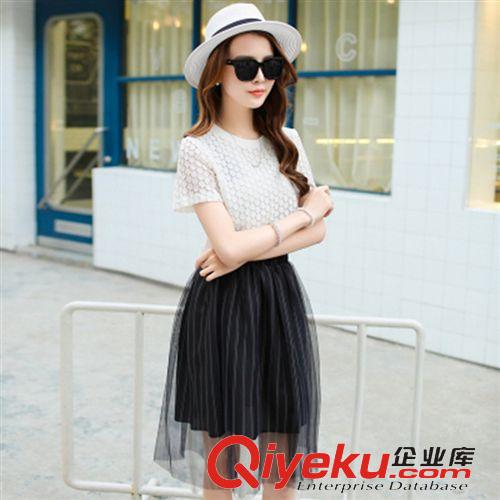 主推款 15夏季新款女裝歐美蕾絲網(wǎng)紗裙套裝兩件套連衣裙 大碼短袖潮 批發(fā)原始圖片3