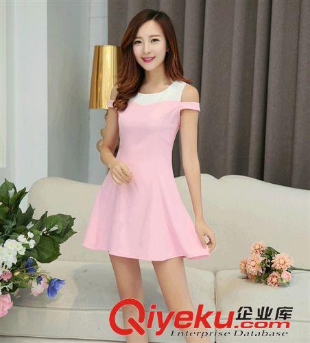 5月中旬新款 15夏裝新款韓版女裝優雅修身顯瘦撞色連衣裙大碼時尚露肩學生裙潮原始圖片2