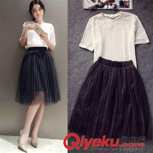 4月中旬新款 15夏季新款女裝歐美蕾絲網(wǎng)紗裙套裝兩件套連衣裙 大碼短袖潮 批發(fā)