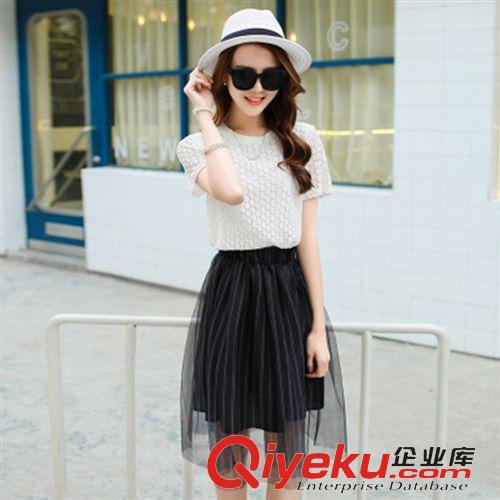4月中旬新款 15夏季新款女裝歐美蕾絲網(wǎng)紗裙套裝兩件套連衣裙 大碼短袖潮 批發(fā)