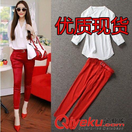 4月中旬新款 歐美春夏女裝新款菁菁同款白襯衫+紅色小腳褲時(shí)尚顯瘦套裝批發(fā)
