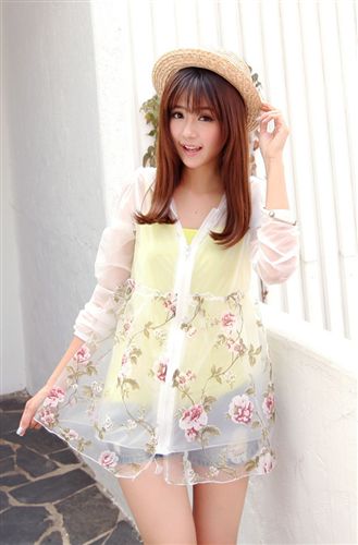 【防曬衣】 2015春夏新款 韓版女裝連帽歐根紗印花長(zhǎng)袖防曬衣