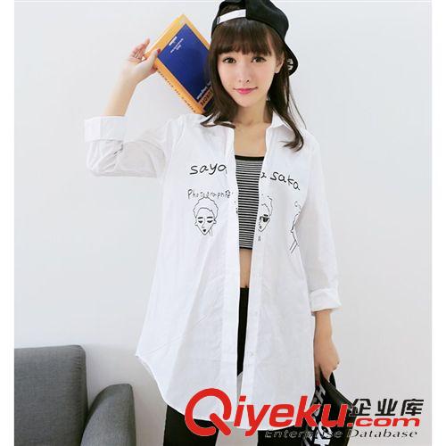 【女式襯衫】 2015春夏新品百搭中長(zhǎng)款長(zhǎng)袖襯衫女學(xué)生卡通印花休閑打底襯衣