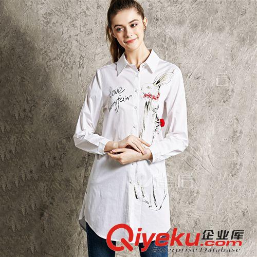【女式襯衫】 2015春夏新品百搭中長(zhǎng)款長(zhǎng)袖襯衫女學(xué)生卡通印花休閑打底襯衣