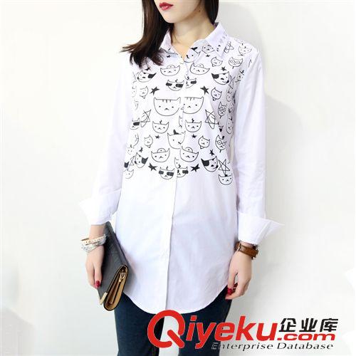 【女式襯衫】 2015春夏新品百搭中長(zhǎng)款長(zhǎng)袖襯衫女學(xué)生卡通印花休閑打底襯衣