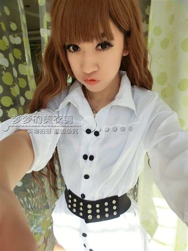 【女式襯衫】 2014秋季女新款 雙排扣白色中長襯衣 襯衫 配皮帶