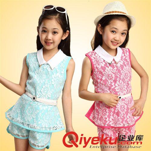 女童 2015夏新品熱賣女童中大童蕾絲無袖童套裝 女童夏無袖純棉套裝潮