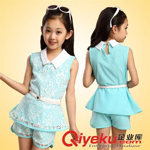 女童 2015夏新品熱賣女童中大童蕾絲無袖童套裝 女童夏無袖純棉套裝潮