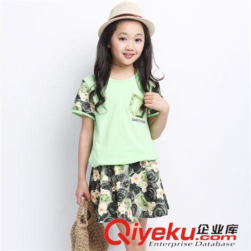 女童 2015新品女童中大童短袖套裝童套裝 經典玫瑰花裙女童短袖套裝夏