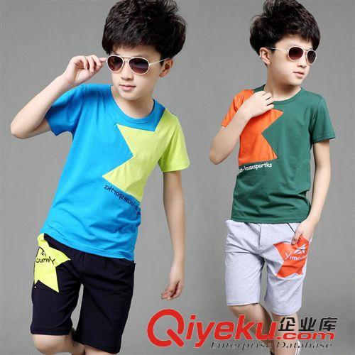 學(xué)院風(fēng)條紋套裝 2015夏男女童中性童套裝 學(xué)生校服運(yùn)動服五角星短袖中大童套裝潮