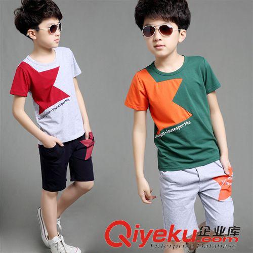 學(xué)院風(fēng)條紋套裝 2015夏男女童中性童套裝 學(xué)生校服運(yùn)動服五角星短袖中大童套裝潮