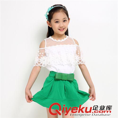 4月下旬新品 女童中大童蕾絲花邊夏童套裝潮 2015熱賣新品女童短袖蕾絲套裝夏原始圖片2