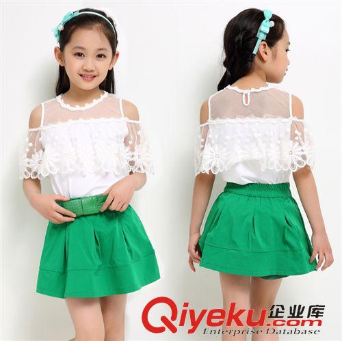 4月下旬新品 女童中大童蕾絲花邊夏童套裝潮 2015熱賣新品女童短袖蕾絲套裝夏原始圖片3