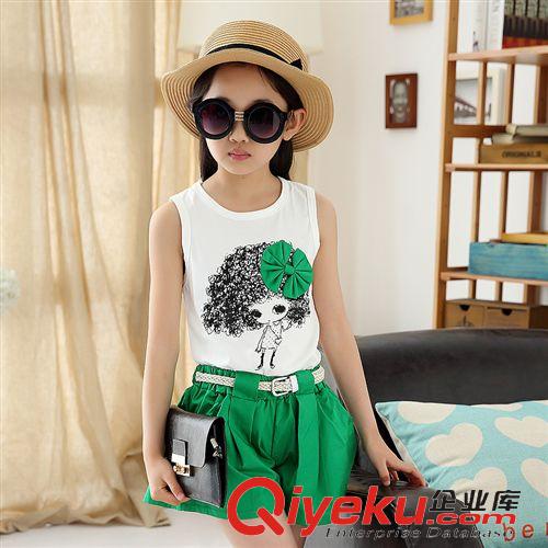 5月上旬 2015新品熱賣女童中大童無(wú)袖蝴蝶結(jié)童套裝潮品 全棉無(wú)袖女童套裝