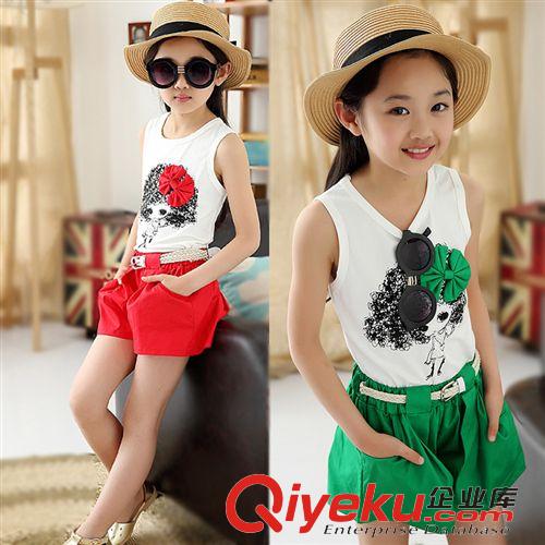 5月上旬 2015新品熱賣女童中大童無(wú)袖蝴蝶結(jié)童套裝潮品 全棉無(wú)袖女童套裝