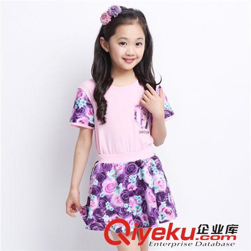 5月上旬 2015新品女童中大童短袖套裝童套裝 經(jīng)典玫瑰花裙女童短袖套裝夏