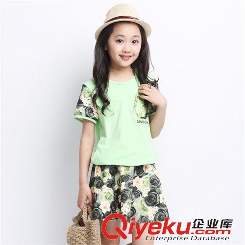 5月上旬 2015新品女童中大童短袖套裝童套裝 經(jīng)典玫瑰花裙女童短袖套裝夏