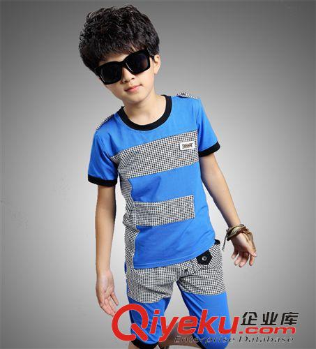 5月下旬 2015夏男童短袖運動套裝 時尚格子拼接短袖休閑男童中大童套裝 潮