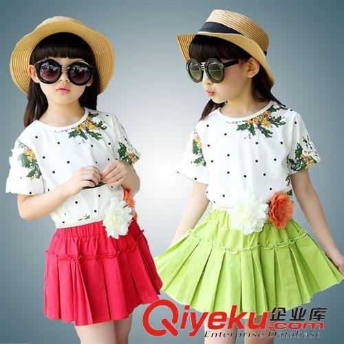 5月下旬 2015女童中大童純棉短袖套裝外貿 全棉短袖上衣棉麻裙套裝童套裝