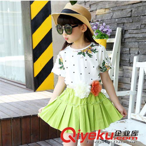5月下旬 2015女童中大童純棉短袖套裝外貿 全棉短袖上衣棉麻裙套裝童套裝
