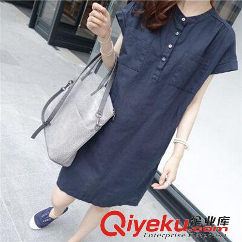 夏季新款 現(xiàn)貨 韓國(guó)夏新款長(zhǎng)款棉麻純色短袖系帶收腰ol職業(yè)氣質(zhì)修身連衣裙原始圖片2