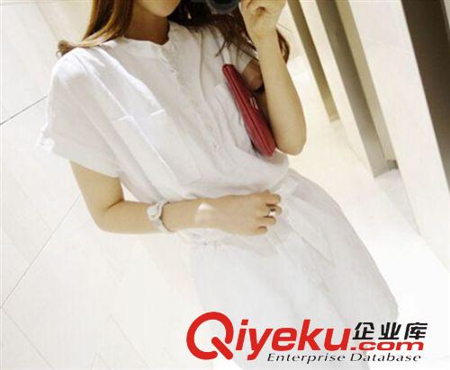 夏季新款 現(xiàn)貨 韓國(guó)夏新款長(zhǎng)款棉麻純色短袖系帶收腰ol職業(yè)氣質(zhì)修身連衣裙原始圖片3