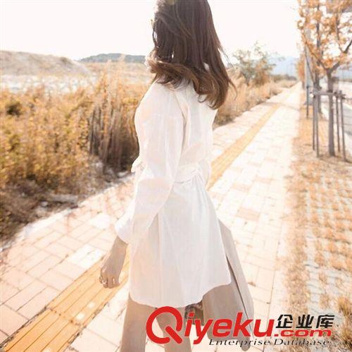 2015長袖連衣裙專區 2015春裝新款簡約時尚蝴蝶結系帶翻領長袖連衣裙白色襯衫裙原始圖片2