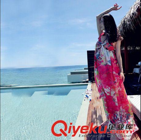 裙裝 波西米亞2015夏季劉鈺懿同款真絲印花長裙拖地吊帶沙灘印花連衣裙原始圖片2