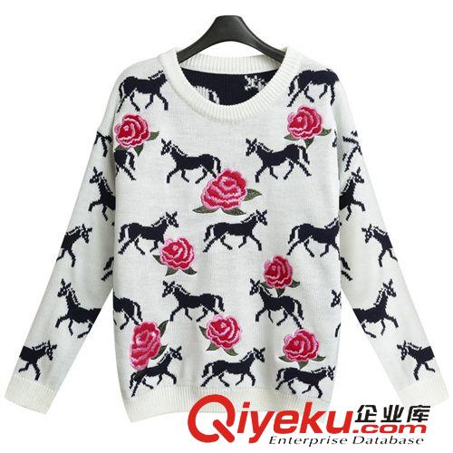 明星街拍同款 歐洲站2014明星同款歐美玫瑰花刺繡小馬毛衣立體大擺短裙女裝套裝原始圖片2