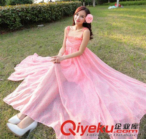 明星街拍同款 2015春季新款菁菁同款真絲雪紡波西米亞粉色印花吊帶長裙沙灘裙