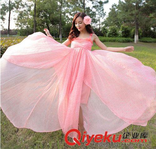 明星街拍同款 2015春季新款菁菁同款真絲雪紡波西米亞粉色印花吊帶長裙沙灘裙