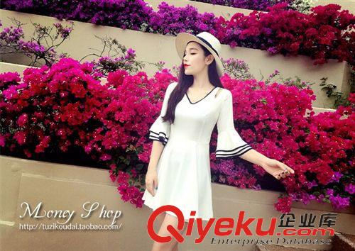 5.22上新 歐洲站2015夏季歐美肩部鏤空V領(lǐng)雙層七分喇喇叭袖連衣裙一件代發(fā)原始圖片3